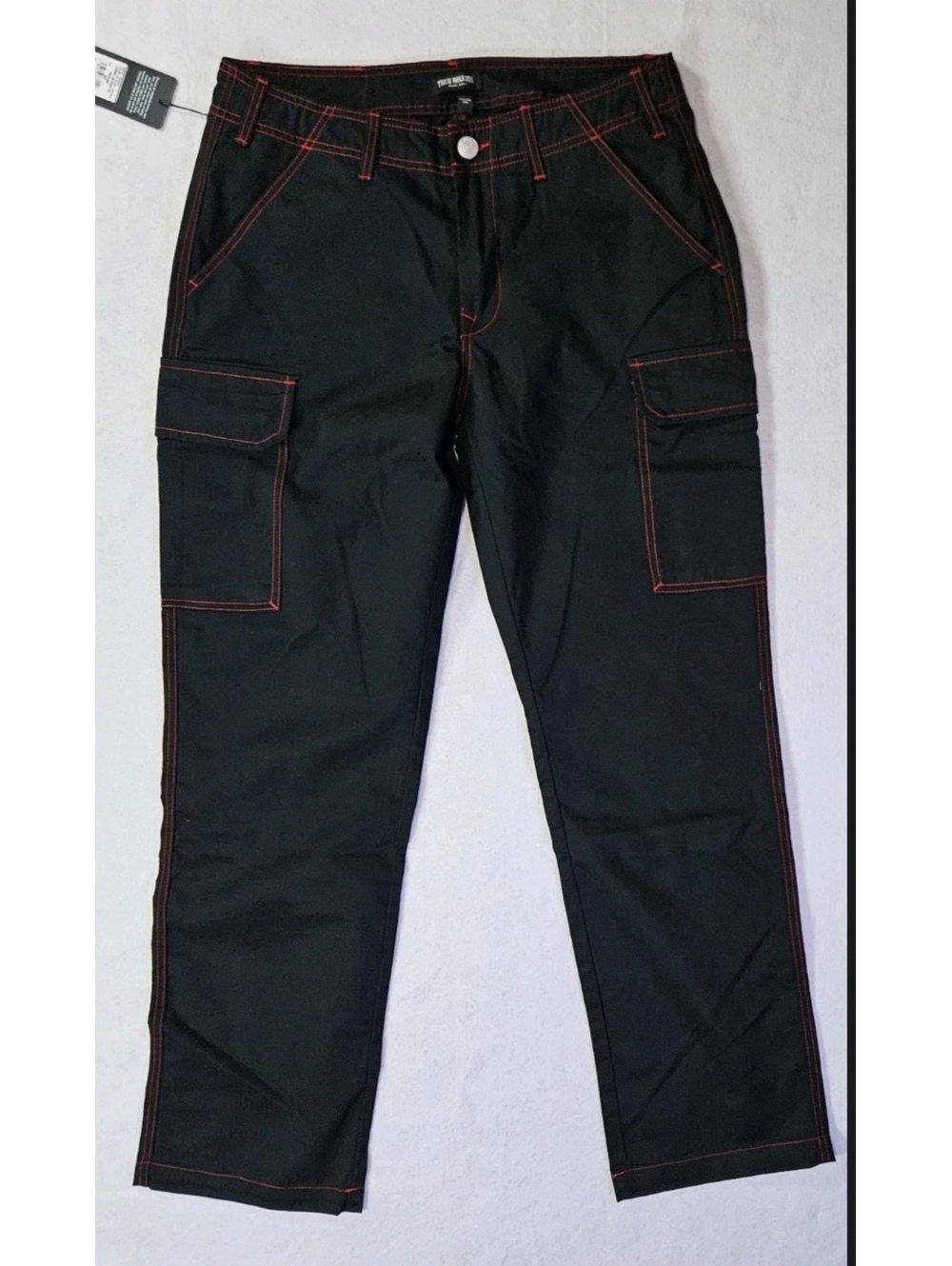 True Religion Jet Black Cargo Pants with Red Stitching, Size 34